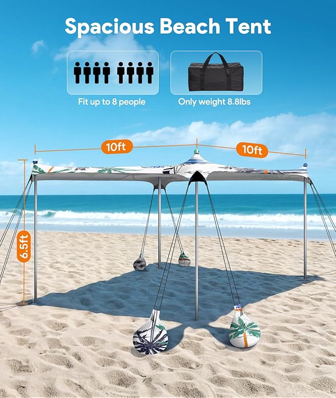 Beach Tent Sun Shelter, 10 x 10 FT Beach Canopy Tent Sun Shade, UPF50+ Tents Canopy with 8 Sandbags & 4 Stability Poles, Outdoor Tents for Camping Fishing, Boat