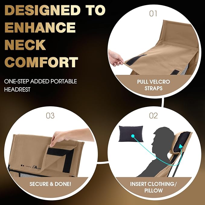 MOON LENCE High Back Folding Camping Chair, 330lbs Portable Compact Chair with Wide Seat & Ergonomic Back Support (Khaki)