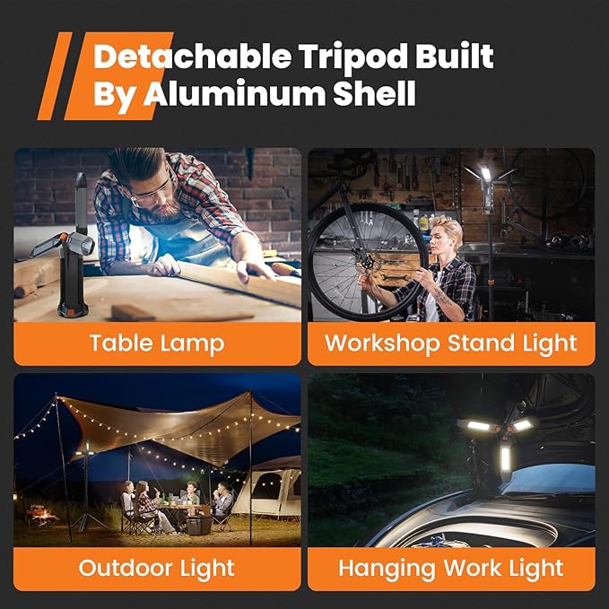 2025 Rechargeable Work Light with Stand, 4 in 1 Cordless Camping Light, 700/1200/2200 Lumens, 4000/6500K Dimmable LED Work Lamp with Detachable Tripod（Grey）