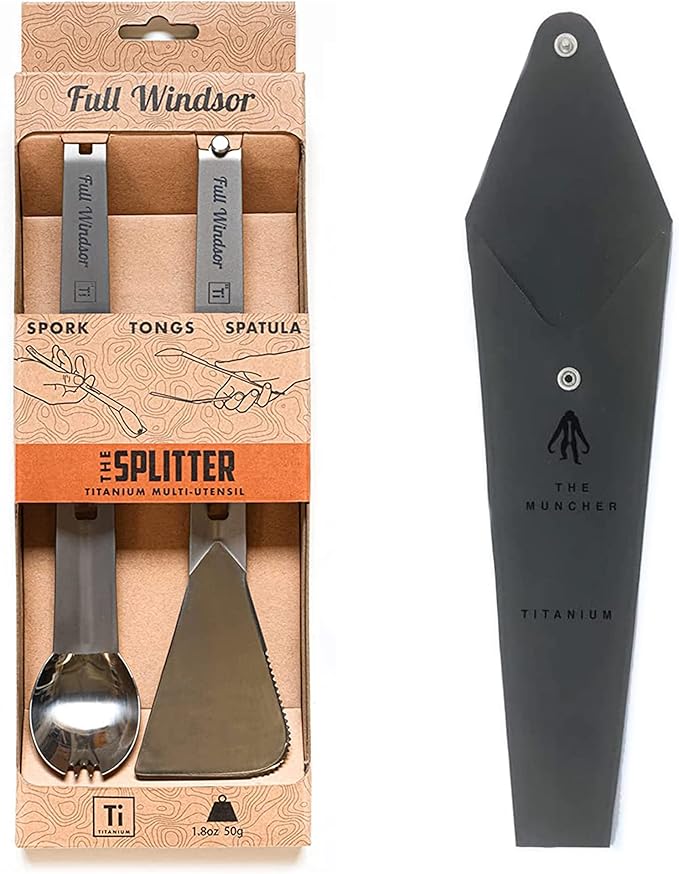 Full Windsor THE SPLITTER Titanium Tongs, Sporks and Spatula forTravel with Splitter Hypalon Pouch Bundle - Portable Lightweight Metal Multi-Utensil for Camp Kitchen & Outdoor Cooking
