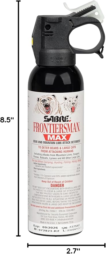 SABRE Frontiersman MAX Bear Spray – 40 ft Range, Maximum Strength, The Only EPA-Registered Spray for Bears & Mountain Lions, 7.9 oz, Glow Safety Clip, Outdoor Hiking & Camping Protection