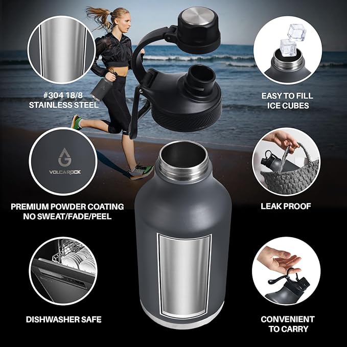 Vacuum Insulated Jug with Straw Lid Dustproof, Half Gallon Insulated Beer Growler, 3 Lids Wide Mouth Thermos Mug, Leakproof BPA Free and Dishwasher Safe - 64 Oz Grey