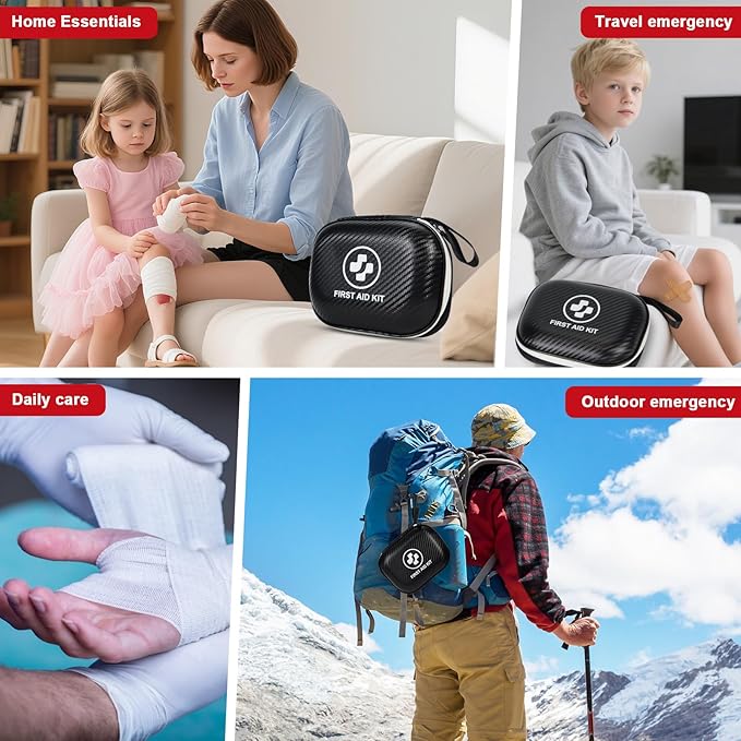 Small First Aid Kit - 185 Pieces Waterproof Emergency Kit for Home, Car, Travel, Camping, Hiking & Outdoor - Portable Hard Case Survival Kit with Premium Supplies(Black/White)