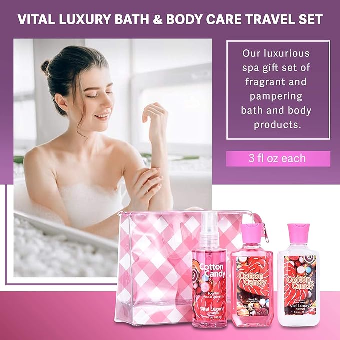 Bath and Body Gift Set, Cotton Candy Scented, 3-Piece Travel Size Collection, Shower Gel, Body Lotion, Body Mist, 3 Fl Oz Each (Cotton Candy)