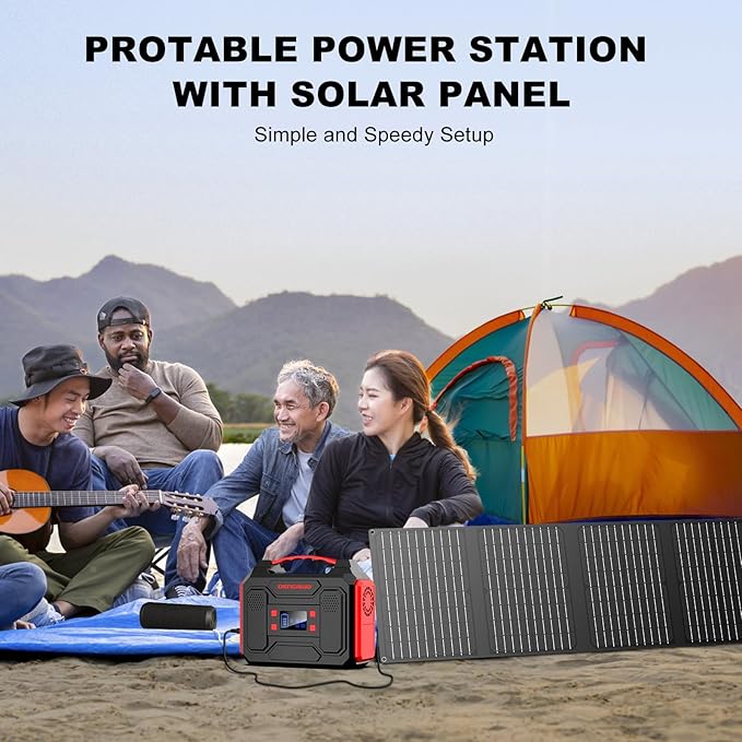 Solar Generator 300W, Portable Power Station with 40W Foldable Solar Panel, Big Power Bank with AC Outlet, Multi-Port with LED Flashlights for CPAP Home Outdoor Camping Hurricane Emergency