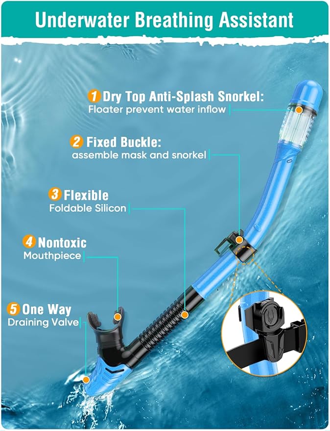 Snorkel Set Adults Snorkeling Gear Anti-Fog Panoramic View Swim Mask Dry Top Snorkel Kit with Carry Bag for Snorkeling Scuba Diving Swimming Travel