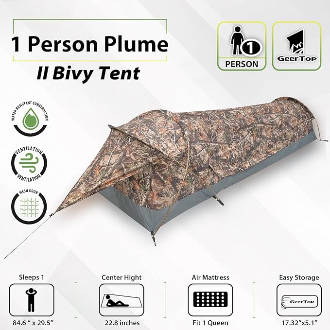 GEERTOP Ultralight Single Person Bivy Tent for Camp Waterproof 1 Man Tent for Camping Hiking Backpacking Hunting Outdoor Survival Gear - Easy Set Up