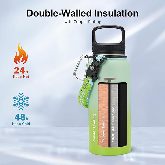 Trebo 32 oz Water Bottle Insulated with Lid and Straw, Double Wall Vacuum Stainless Steel Sports Flask with Paracord Handle, Keep Hot 24 Hours & Cold 48 Hours Water Cup with 3 Lids, Dark Green