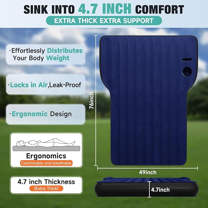 SUV Air Mattress: Inflatable Car Air Mattress for Camping, Portable Car Bed with Air Pump & 2 Pillows, Flocking Sleeping Pad Mattress for Home Car Travel Camping, Navy