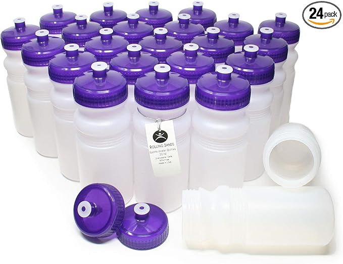 Rolling Sands USA Made 20 Ounce Sports Water Bottles - 24-Pack Bulk BPA-Free Blank Sports Bottles for Teams & Classrooms - Clear Frost Bottle/Purple Lid, No Smell No Taste