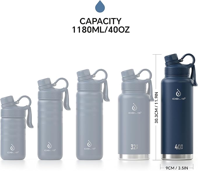 IDEUS Insulated Stainless Steel Water Bottle with 2 Leak-Proof Lids, Thermal Water Flask for Hiking Biking, 40oz, Navy Blue