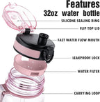 OLDLEY Water Bottle, 32oz Motivational Sports Water Bottle with Time Marker - Times to Drink - Tritan, BPA Free, Wide Mouth Leakproof,Clear Pink