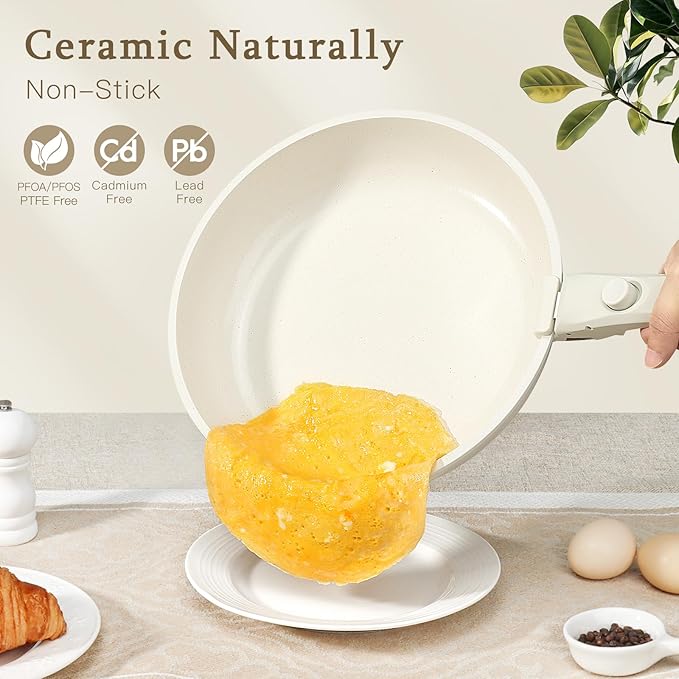 GiPP Ceramic Pots and Pans Set Non Stick, Nonstick Detachable Handle Cookware Sets, Healthy Non Toxic PFAS PFOA & PTFE Free, Dishwasher ＆Oven Safe, Induction Kitchen Pot and Pan, 15 Piece Cream