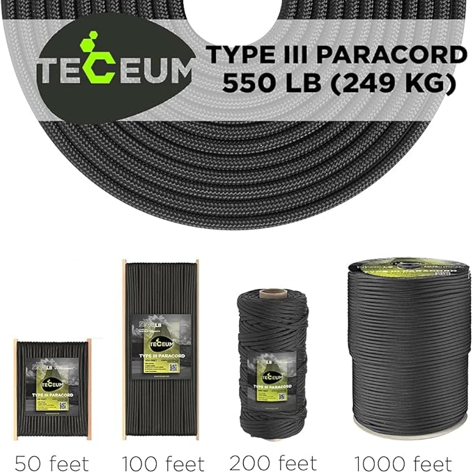 TECEUM 5/32" Paracord Rope 1000 – 1000ft / 200ft / 100ft / 50ft – Tactical Parachute Cord 4mm – 45+ Colors – Nylon String for Survival & Camping Gear – Stripe Cord for Survival – Utility Rope