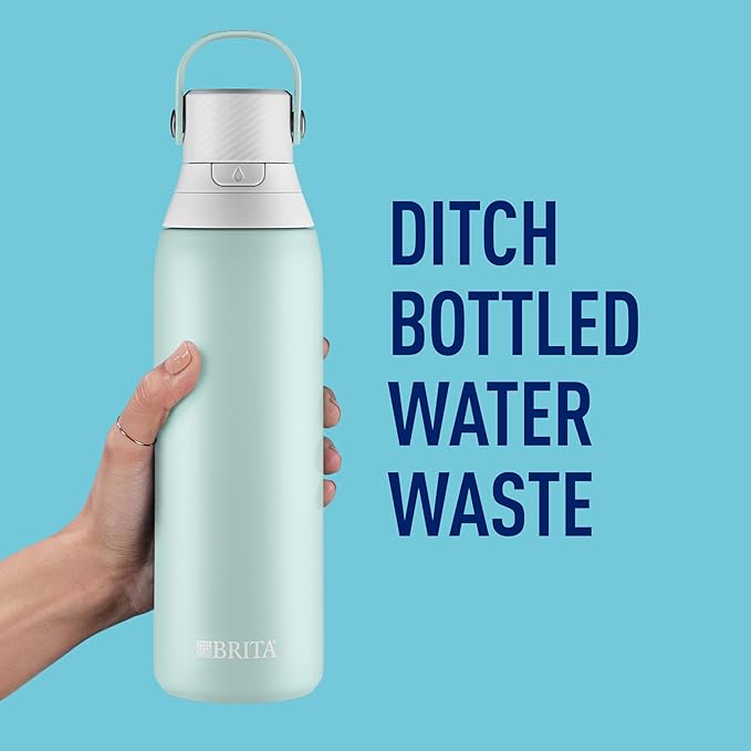 Brita Stainless Steel Premium Filtering Water Bottle, BPA-Free, Reusable, Insulated, Replaces 300 Plastic Water Bottles, Filter Lasts 2 Months or 40 Gallons, Includes 1 Filter, Glacier - 20 oz.