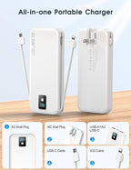 Portable Power Bank, 12000mAh 22.5W Fast Charging Phone Charger with Built-in Cables & Wall Plug, Travel Essential Battery Pack with LED Display, USB C Battery Charging Bank for iPhone, Samsung White