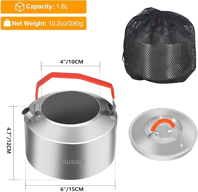 REDCAMP 1.6L Outdoor Camping Kettle, Lightweight Stainless Steel Water Pot with Carrying Bag, Compact Camp Tea Kettle Coffee Pot for Hiking Picnic Camping