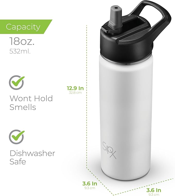 SipX™ Triple-Insulated Stainless Steel Water Bottle 18oz. With 3 Lids, BPA-Free Reusable Insulated Water Bottle Keeps Cold 24 Hours, (White)