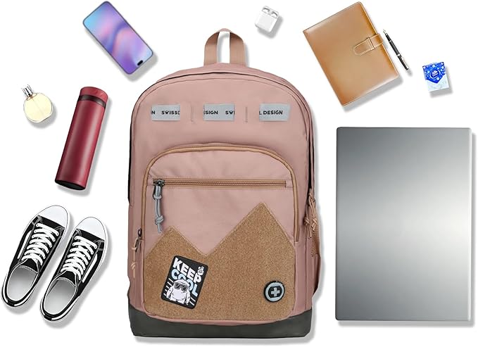 Swissdigital Design Big Student Laptop Backpack with Fun Personalized Patches For College Boy & Girl, Middle High School Teen Bookbag Cool Travel Daypack Mocha Brown - Includes 3 Patches | SD1718-35