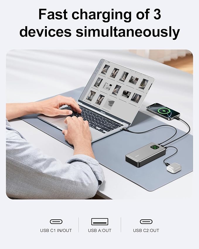 65W Power Bank, 25000mAh Travel Essential USB C Laptop Portable Charger, 100W Total Fast Charging Battery Pack for MacBook Dell XPS iPad Tablet Steam Deck iPhone 17-12 Series Samsung Switch and More