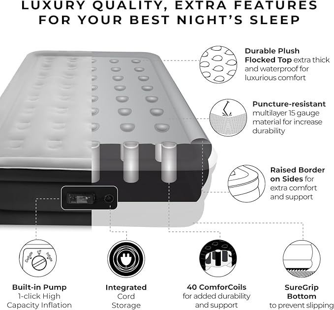 SoundAsleep Dream Series Luxury Air Mattress with ComfortCoil Technology & Built-in High Capacity Pump for Home & Camping- Double Height, Adjustable, Inflatable Blow Up, Portable - Queen Size
