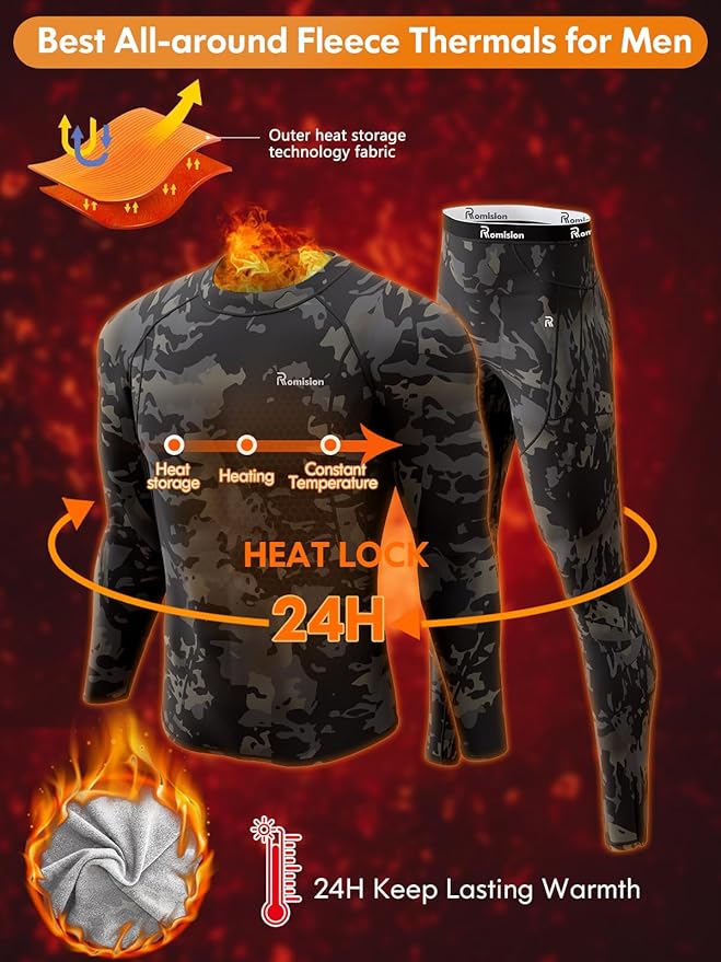 romision Thermal Underwear for Men Long Johns Fleece Lined Hunting Gear Bottom Top Set Base Layer for Cold Weather Gift