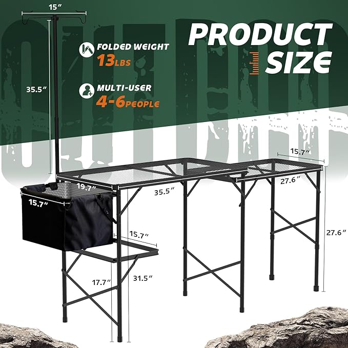 Folding Table with Sink and Double Shelf, Camping Table Height Adjustable Folding Grill Table, Portable Outdoor Table for Picnic,Camping,BBQ,Beach,69 x20 x32 Inches(Black)
