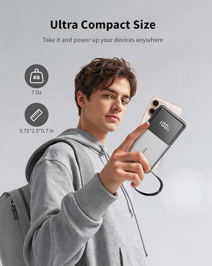 Portable Charger with Built in Cables, 10000mAh Power Bank with Wall Plug, Travel Essential Fast Charging Battery Pack for iPhone 17 16 15 14 etc (Blue)