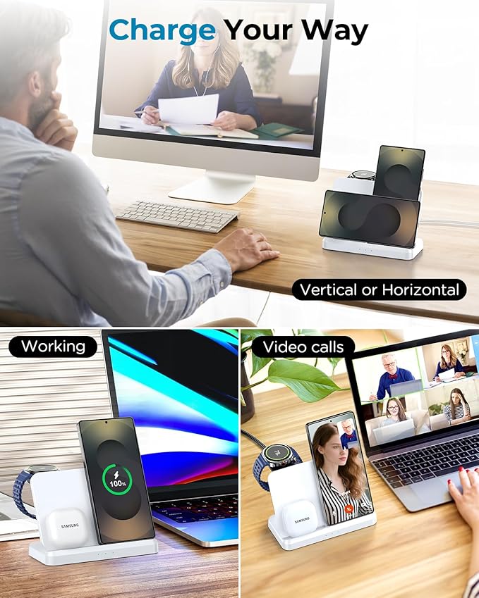 EGV Wireless Charger for Samsung – 3 in 1 Wireless Charging Station for Galaxy S25 Ultra S24 S23, Z Fold Flip 7/6, Detachable Watch Charger for Galaxy Ultra 8/7, Foldable, No Adapter, White