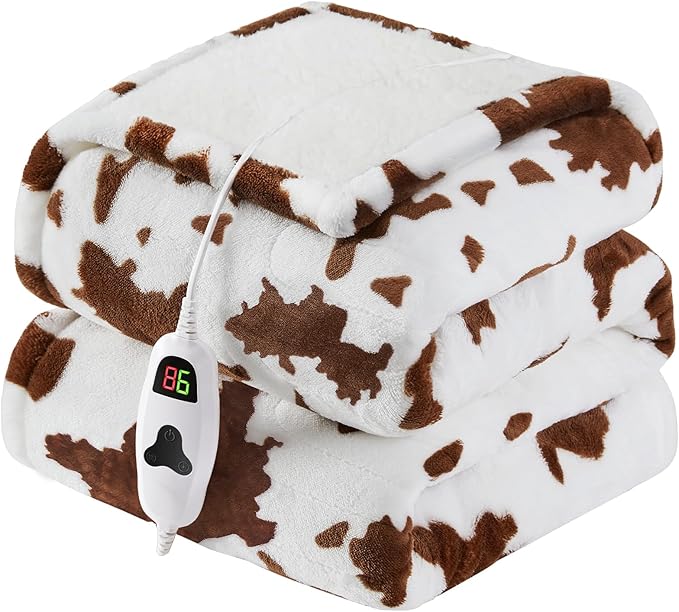 Cow Print Heated Electric Blanket Throw,50X60 Brown Heating Blanket with 10 Heats Levels & 8 Hours Auto Off, Western Highland Cow Decor Stuff Fleece Sherpa Blankets Warmer Gifts for Women Adults,ETL