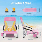 Homcosan Portable Low Folding Beach Chairs Set of 2 - Lightweight Camping Chairs for Adults with Cup Holder & Storage Pockets, Carry Bag Included (Pink & Yellow)