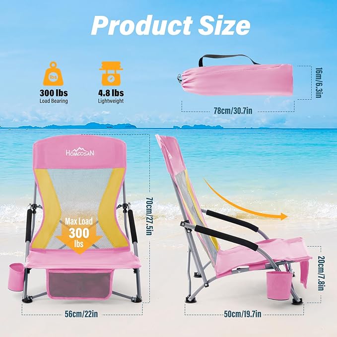 Homcosan Portable Low Folding Beach Chair - Lightweight Camping Chair for Adults with Cup Holder & Storage Pocket, Carry Bag Included (Pink & Yellow)