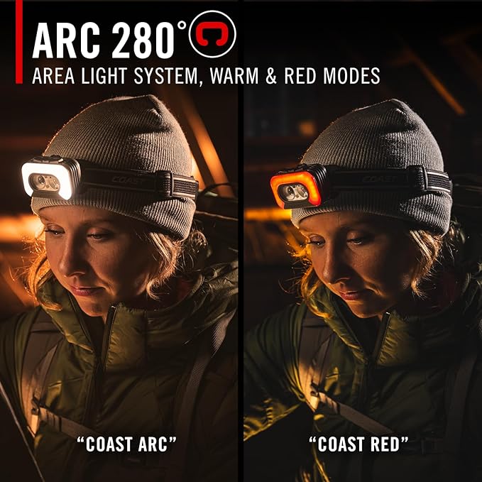 Coast RL35R Voice-Controlled 1100 Lumen Rechargeable LED Headlamp with ARC280™ Lighting, 4 Color Modes, Rear-Facing Safety Signal, Variable Light Control and USB-C Charge Port