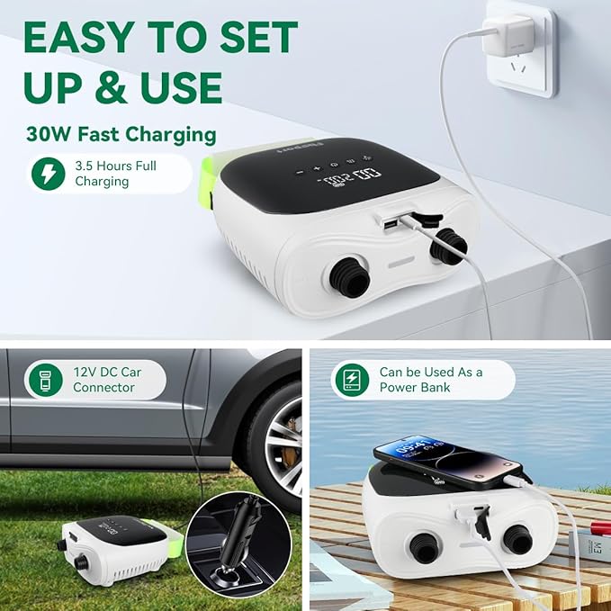 FBSPORT Paddle Board Pump Rechargeable 20PSI SUP Pump, Portable Electric Air Pump Quick Inflate & Deflate SUP Air Pump for Stand Up Paddle Boards, Kayak, Tent