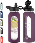 CIVAGO 40 oz Glass Water Bottle with Straw and Handle, Large Sports Motivational Water Bottle Flask with Time Marker and 2 Lids, Leakproof Water Jug Canteen with Silicone Sleeve for Gym,Mauve