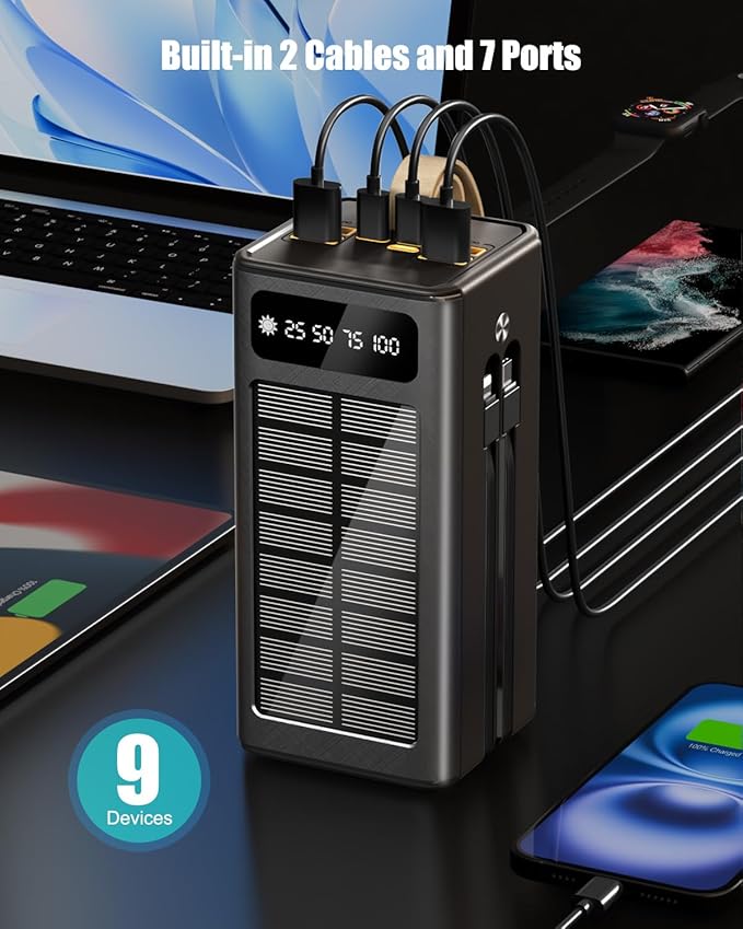 90000mAh Power Bank 35W Fast Charging with Solar Charger,Built-in USB-C/Lightning Cables High Capacity Portable Charger for Camping,Travel,Emergencies,Tech Devices| 9-Port PD/USB-C, LED Flashlight