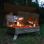 Outdoor Wood Burning Fire Pit Table with Glass Wind Guard and Portable Stainless Steel Wood Stove for Camping Hot Tent Shelter, Patio Backyard Garden Deck Camping