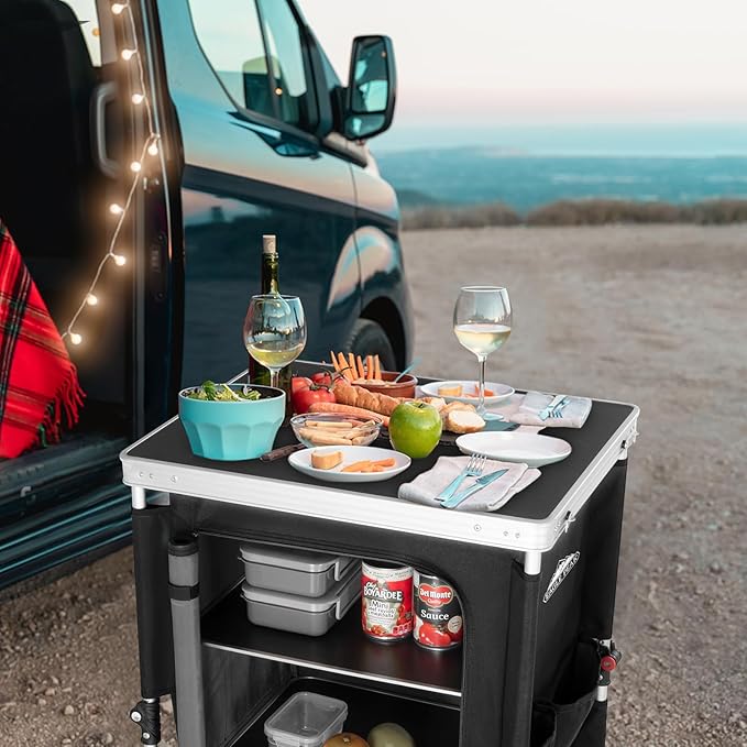 EAGLE PEAK Outdoor Folding Camping Table with Large 3-Tier Storage Organizer and Side Pockets, Easy Set Up Portable Aluminum Camping Kitchen, Black