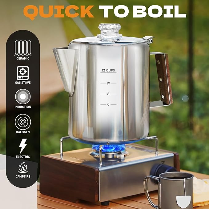 Percolator Coffee Pot Stainless Steel Camping Coffee Pot-NO Aluminum or Plastic Coffee Percolator Stovetop (12 cup)