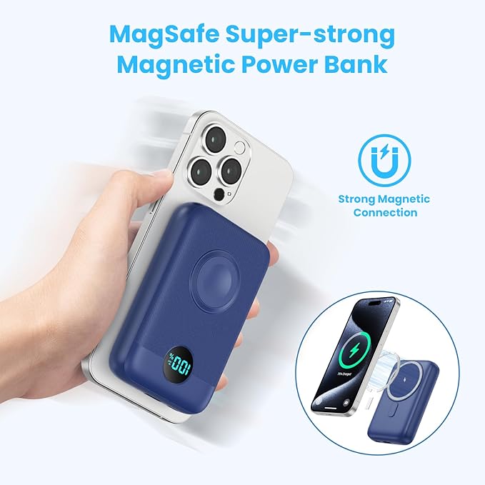 Magnetic Portable Charger 10800mAh,4-in-1 Wireless Power Bank with iWatch Charger, QC4.0+20W PD Fast Charging USB C Battery Pack with LCD Display for Magsafe,iPhone 16/15/14/13/12,Apple Watch (Blue)