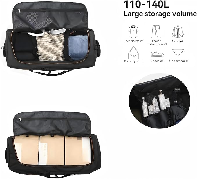 Rolling Duffle Bag with Wheels,110L/140L Expandable Soft-Sided Foldable Duffle Bag with 2 Rubber Wheels,Packable 32” Rolling Carry-On with Multi-Pockets & Compartments (Black orange)