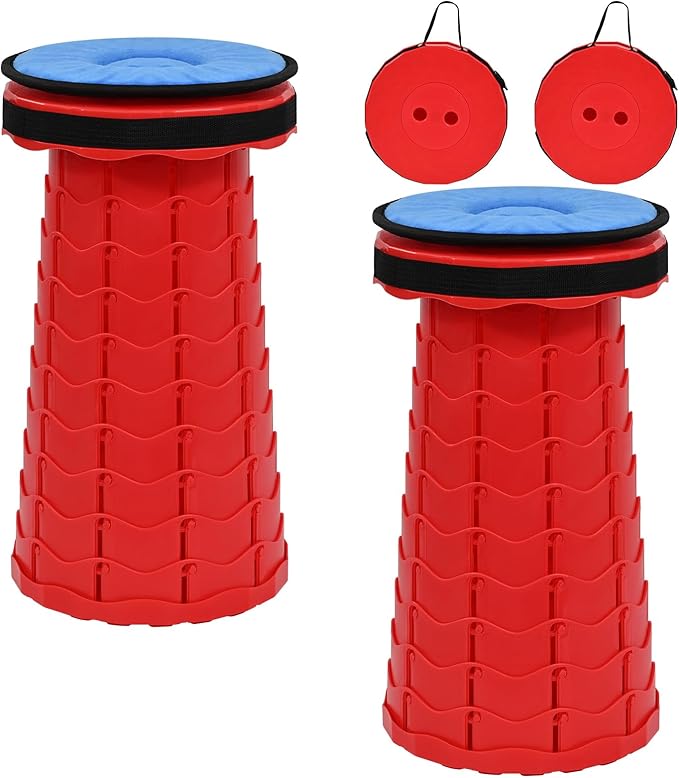 2 Pack Upgraded Collapsible Stool Folding Stool with Cushion,Retractable Folding Stool Max Load Capacity 400lbs, Portable Telescoping Stools for Camping Hiking Outdoor BBQ -Red