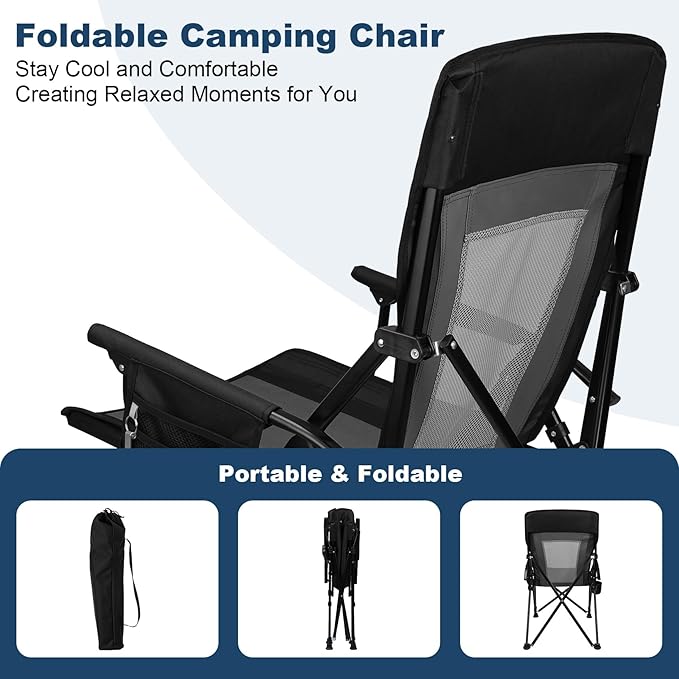 Camping Chair Portable Folding Lawn Chair Comfortable Hard Arm Sturdy for Family Camp, Outdoor, Sports, Beach, Travel, Support 400 lbs, Black&Grey