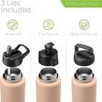 SipX™ Triple-Insulated Stainless Steel Water Bottle 40oz. With 3 Lids, BPA-Free Reusable Insulated Water Bottle Keeps Cold 24 Hours, Metal Water Bottle Made Of Sustainable Material For Hiking & Biking