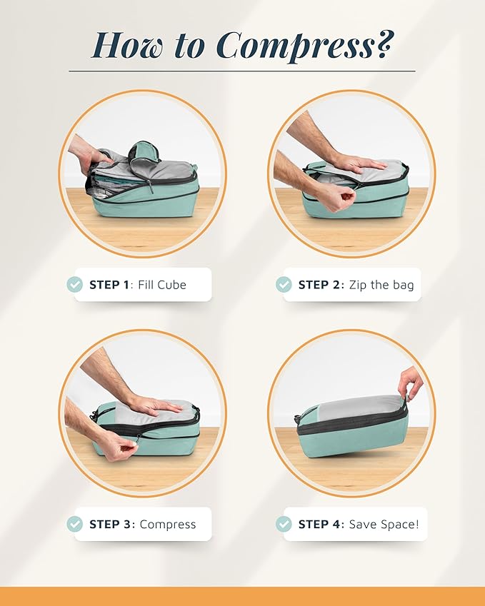 Premium Compression Packing Cubes for Travel, Compression Packaging Cube, Zip Bags Premium 6-Piece Set with laundry bag and shoe bag by TRIPPED Travel Gear (Dusty Teal Mesh)