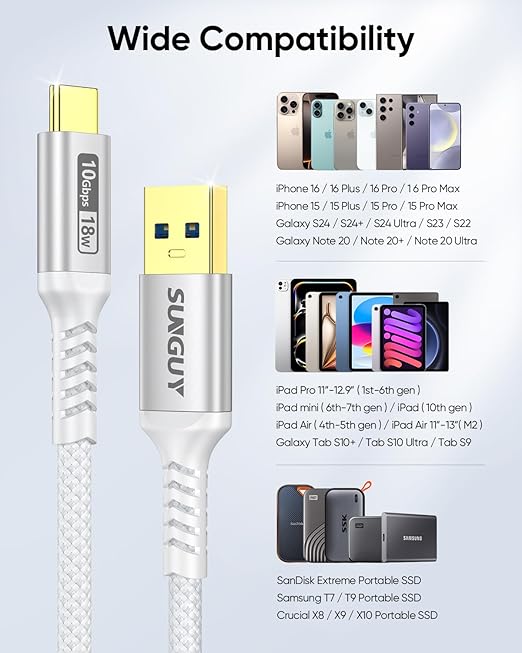 SUNGUY 10Gbps USB C 3.1 Gen 2 Cable, 4FT USB A to USB C 3A Fast Charging & Data Transfer Android Auto Carplay Cable Compatible with iPhone 17 16 15 Pro Max, Galaxy S24 S23 Ultra Note 20, SSD (White)