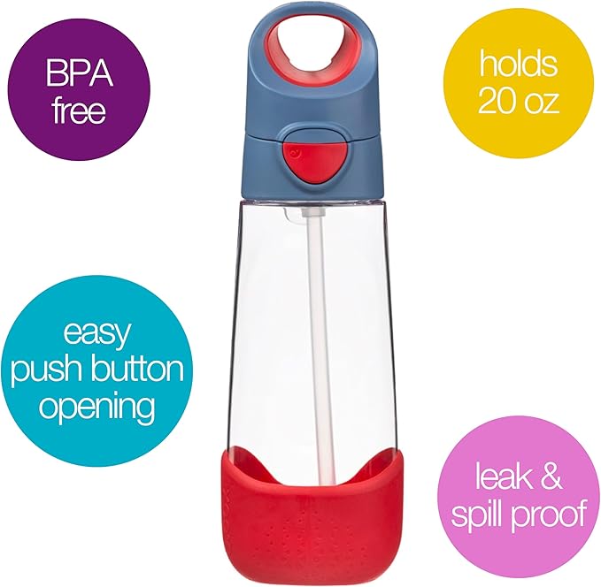 b.box Kids Water Bottle – 20oz Tritan Toddler Drink Bottle with Straw for School, Daycare, Travel w/Easy-Grip Triangular Design, Leak Proof Lid & Handle, BPA Free, Dishwasher Safe (Blue Blaze)