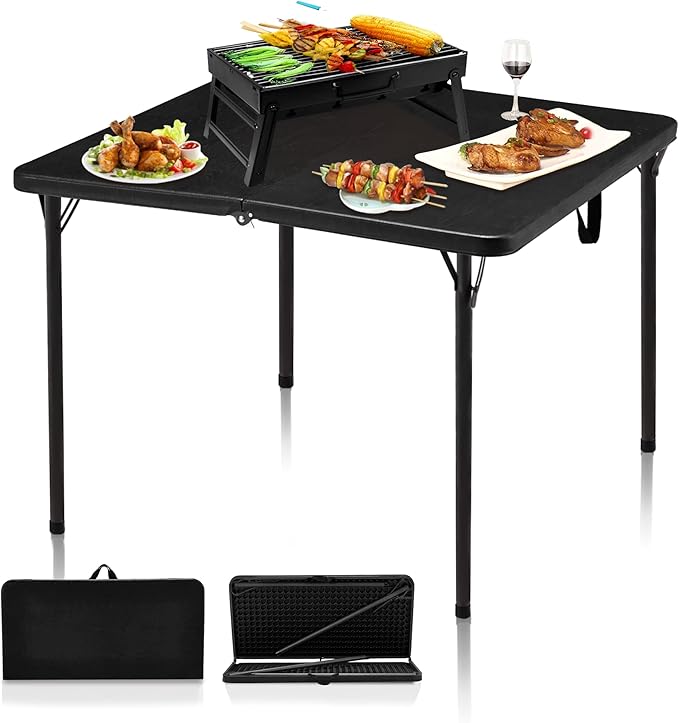 34" Camping Table, Portable Square Camping Card Table with Collapsible Legs & Carrying Handle, Plastic Tables for Outdoor Cooking,Camping,Picnic, Office, Party, Black