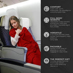 Zero Grid Lightweight Travel Blanket – Premium Compact Wearable Airplane Blanket with Neck Snaps, Cozy Foot Pockets, Zipper Pouch, converts to Soft Pillow for Ultimate Comfort - Scarlet
