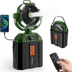 Odoland Portable Camping Fan with LED Light, 30000mAh Rechargeable Battery Operated Oscillating Fan with Remote & Hook, 6L Bucket Misting Fan for Outdoors Patios,Travel,Jobsite, Green